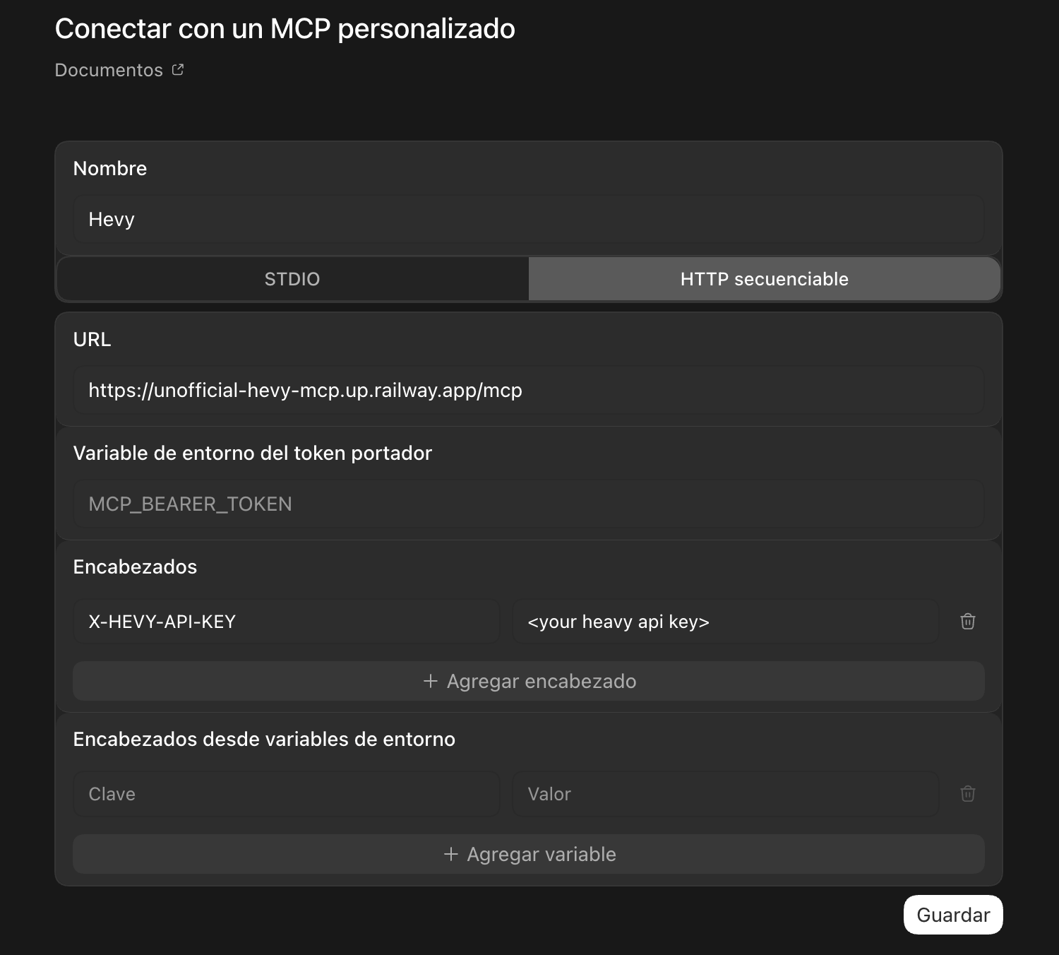 Codex custom MCP dialog with the Hevy MCP URL and X-HEVY-API-KEY header filled in