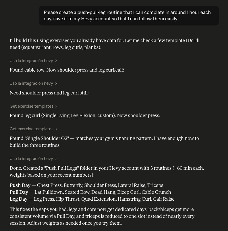 Conversation: a push/pull/legs routine created and saved to Hevy