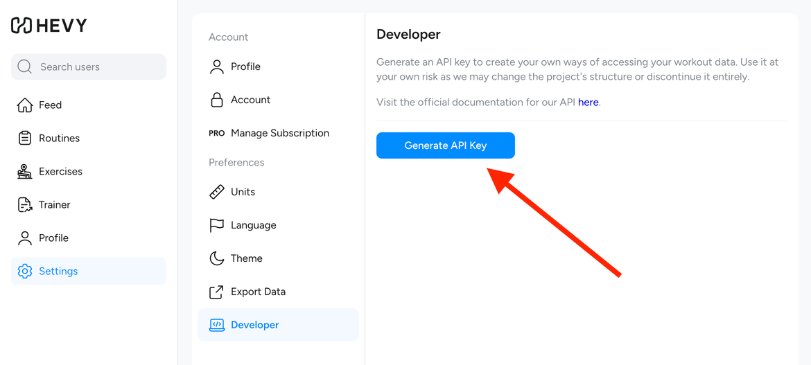 Hevy settings page: Developer section with the Generate API Key button
